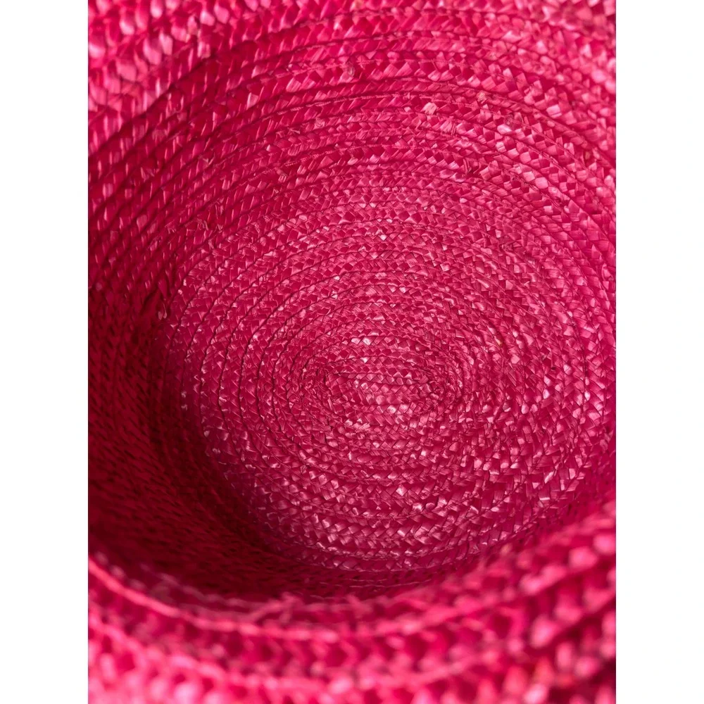 Vintage Magenta Pink Straw Sun Hat Wide Brim Floral Ribbon Accent Summer Beach